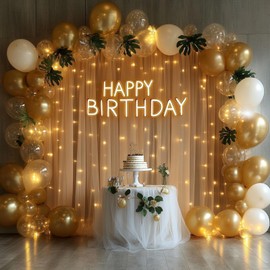 Patioman 10x10ft Champagne Tulle Backdrop Curtain with String Lights, Wrinkle-Free Sheer Wedding Backdrop for Birthday Parties, Baby Shower, Bridal Shower, Photo Shoots and Home Decorations, Champagne