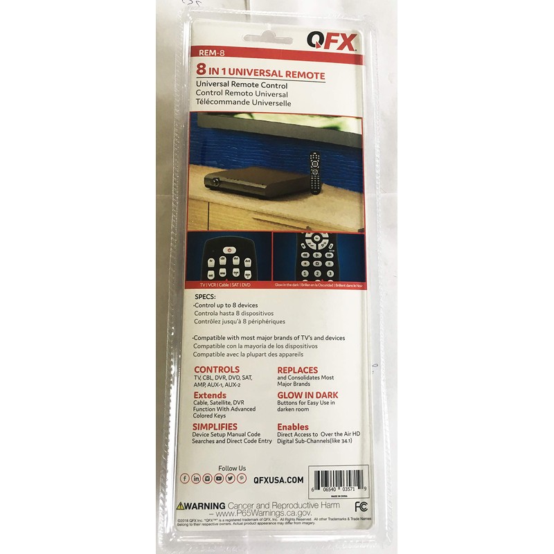 QFX 8-in-1 Universal Remote with Glow-in-The-Dark Buttons (REM-8)