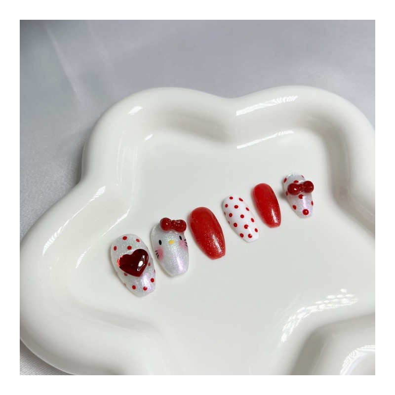 Magnetic Red Cat Nail Tips - Coffin Egg / 자석