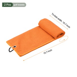 YOKIVE 2 Pcs Tri-Fold Golf Towels, Golf Club Waffle Pattern Towels with D Clip for Golf Balls Lovers (Orange, 16x16-Inch)