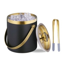 Sipoyen Insulated Ice Bucket with Lid, Handle and Tong Black Gold Stainless Steel Champagne Bucket for Party 3L Bar Cart Accessories Keep Drinks Chilled