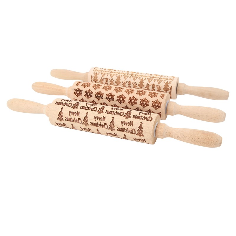3Pcs Wooden Embossed Rolling Pin Cute Christmas Pattern Engraved Embossing