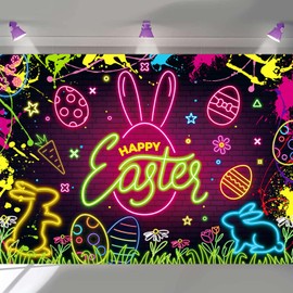 Happy Easter Backdrop 7X5FT Glow Egg Hunt Neon Easter Colorful Eggs Bunny Party Background Glow in The Dark Grass Rabbit Decorations Photography Backdrop