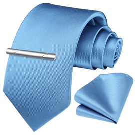 HISDERN Baby Blue Solid Color Wedding Tie and Pocket Square, Classic Tie Clip Set for Men-Multiple Colors