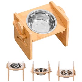 Raised Dog Bowl, Adjustable Raised Feeding Bowl for Dogs and Cats, 4 Heights Raised Dog Bowl Stand Made of Wood with Stainless Steel Feeding Bowl, Raised Dog Bowls, Feeding Bowl Dogs for Small Medium