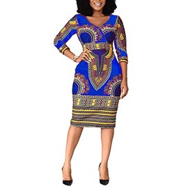 VERWIN Mid-Calf V Neck Three Quarter Sleeve Print Women's Bodycon Dress African Midi Dress (Large, Blue)