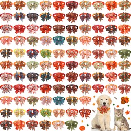 Talltalk 100 Pcs Fall Dog Bow Ties Collars Adjustable Autumn Pumpkin Maple Dog Bowties Bulk for Autumn Thanksgiving Day Party Pet Kitten Puppy Grooming Accessories