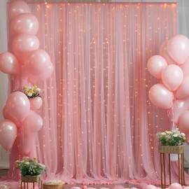 10ft x 8ft Dusty Rose Backdrop Curtain Panels with Lights String for Parties, Sheer Tulle Wedding Backdrop Drapes for Baby Shower Birthday Party Home Decorations
