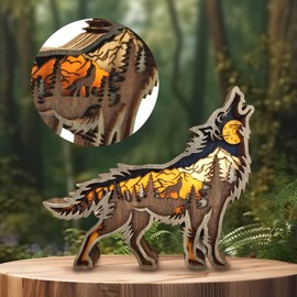 Drawelry 3D Forest Animal Wood Craft Wooden Craft Forest Animals Creative Wooden Statue Christmas Wall Hanging Decoration Craft Retro Wooden Sculpture for Office and Home Decoration (Wolf)