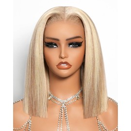 Megalook hair Bob Wig Human Hair Glueless P10/613 Lace Front Wig Human Hair Pre Plucked Glueless Straight Blonde Bob Wig Pre Cut 6x5 HD Lace Closure Short Wigs for Women 12 Inch