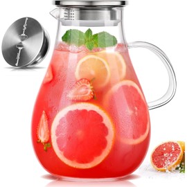 LUNA & MANTHA Glass Pitcher with Lid, 1 Gallon 128oz Glass Water Pitcher with Handle for Fridge, Borosilicate Large Water Jug, Iced Tea, Coffee and Sangria Hot/Cold Beverage (Extra-Wide Mouth)