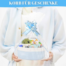 Empty Gift Basket, Storage Basket, Braided Basket for Gifts with Gift Bags and Ribbons, Empty Gift Basket for Birthday, Wedding, Baby Shower, Thanksgiving, Christmas (Blue and White)