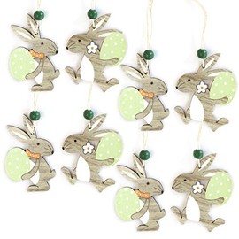 By Robelli 8pc Easter Bonnet Wooden Shabby Chic Hanging Decoration Sets - Fun Chick, Bunny, Rabbit, Egg Designs (8pc Rabbit Carrying Green Eggs (70mm))