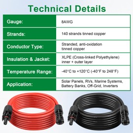 XRDS -RF Solar Extension Cable 8AWG 3FT 2-Pack (Red + Black), PV Wire with Male/Female Solar Connectors, Weatherproof Solar Panel Wire for RV, Boat, Inverter, Off-Grid Systems
