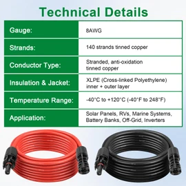 XRDS -RF Solar Extension Cable 8AWG 3FT 2-Pack (Red + Black), PV Wire with Male/Female Solar Connectors, Weatherproof Solar Panel Wire for RV, Boat, Inverter, Off-Grid Systems