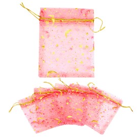 Leliafleury 50Pcs Red Organza Gift Bags 10 x 15cm Moon Stars Organza Bags Jewellery Gift Bags Drawstring Gift Bags for Wedding Birthday Anniversary Party