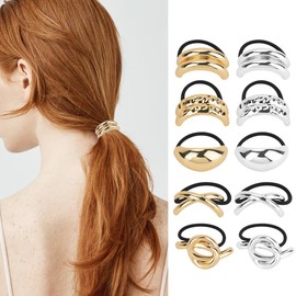 10Pcs Metal Hair Ties Gold Ponytail Hair Cuff, Fashion Retro Metal Geometric Elastic Hair Ties,Women's Glossy Double Arch Ponytail Hair Tie for Women Girls Hair Accessories (10, Gold+Silver)