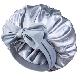 YANIBEST Gorro De Satén De Seda De Doble Capa Para Dormir Estampado Para Mujer Con Banda Para Atar Para Cabello Natural Rizado Azul