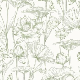 Vinjiasin Peel and Stick Wallpaper Green Floral Contact Paper Boho Modern Lotus Wall Paper for Bedroom Bathroom Living Room Self Adhesive Removable Flower Leaf 17.3"x 78.7"