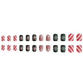 Christmas Short Press on Nails Square Fake Nails Cute Gingerbread Man Chocolate Castle False Nails with Snowflake Red White Stripes Matte Xmas Glue on Nails for Women Winter Xmas Nail Art Decor