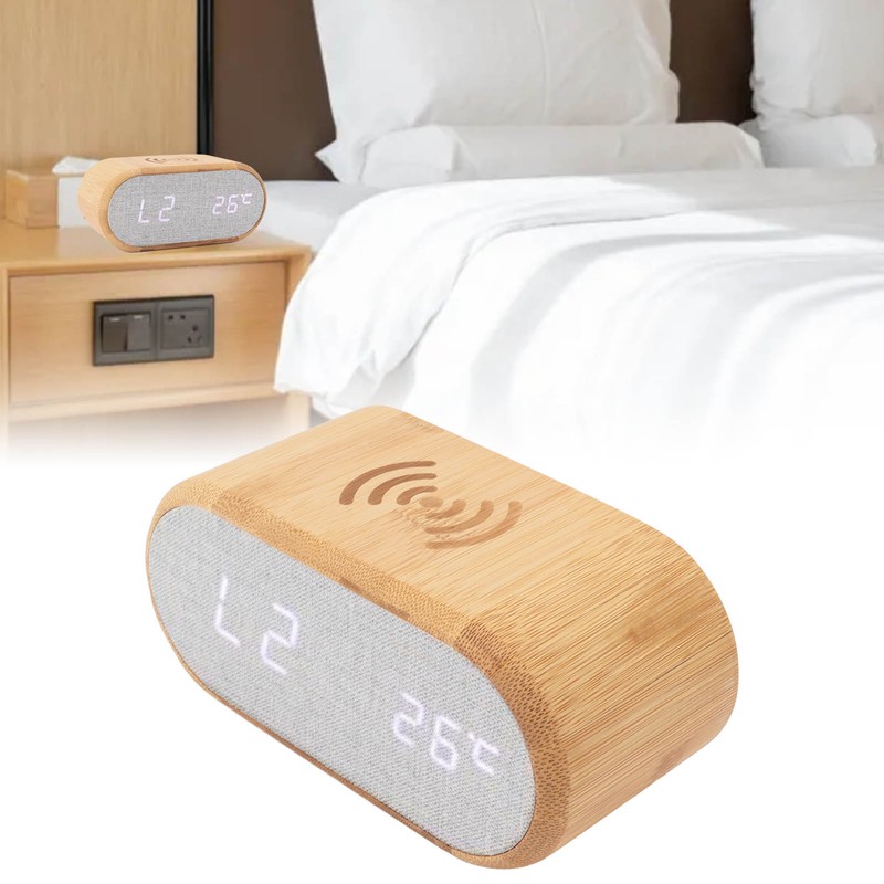 Wooden Alarm Clock USB Wireless Charging Wood LED Digital Display