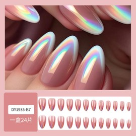 Pink Press on Nails Almond Laser Fake Nails Medium Gradient False Nails with Designs Acrylic Nails Spring Summer Glue on Nails Glossy Medium Artificial Nails Stick on Nails for Women