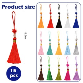 Pack of 15 Mini Tassels, 15 Colours, Handmade Tassels with Beads, Chinese Knot for Jewellery Making, Souvenir, Bookmark, DIY Craft Accessories