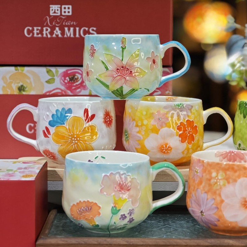 母の日プレゼント 化粧箱付きマグカップ 高級 手描き 手作りレーリフ 手書き 絵付けカップ 丸型 520ml (010)