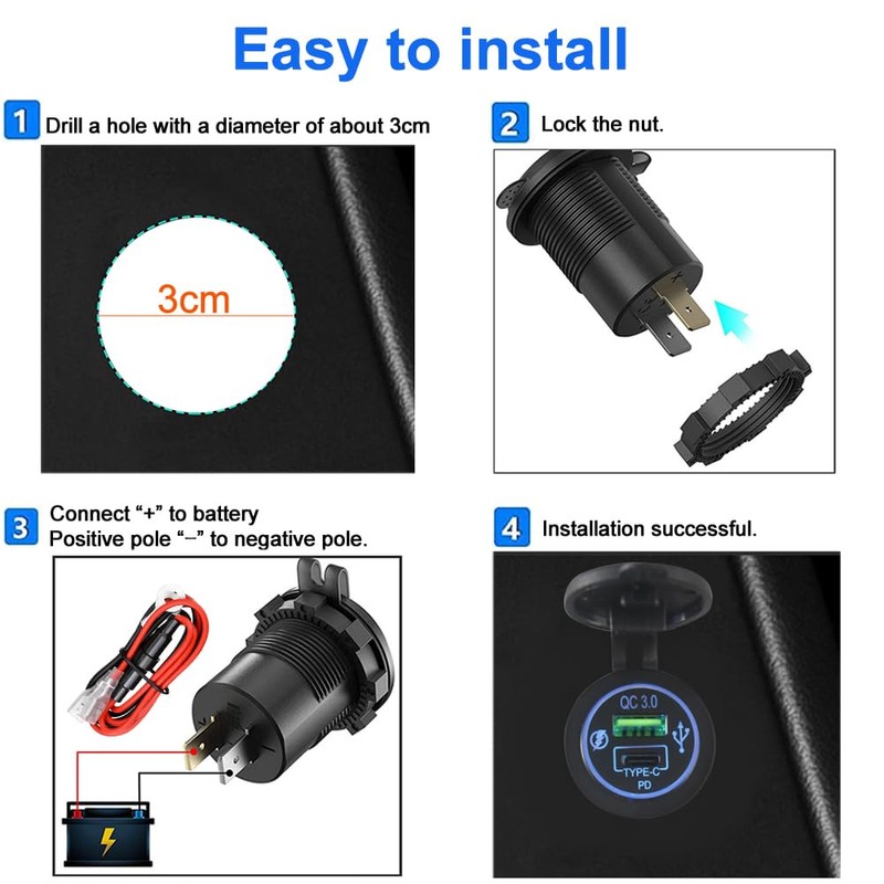 12V USB Quick Charge 3.0 Port & PD USB C