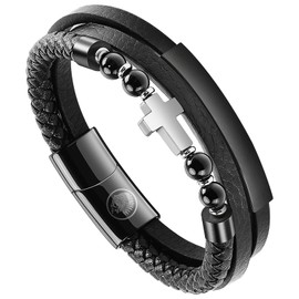 Casisto.J Men's Leather Bracelet Braided Beads Stainless Steel Crucifix Black with Magnetic Clasp Gift Pack, Stainless Steel