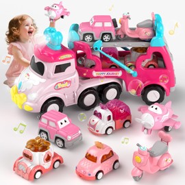 usrela Truck Toys for 2 3 Year Old Girl, 7-in-1 Carrier Truck Car for Toddler Girl, Toys Cars Age 2-3-4 with Light & Music, Birthday Gifts for 2+ 3+ Year Old Girls