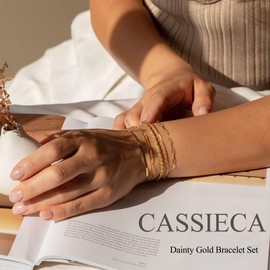 CASSIECA 12Pcs Gold Chain Bracelets Set for Women 14K Gold Plated Link Chain Bracelets Boho Stackable Bracelets Paperclip Cuban Cuff Bangle Beaded Layered Link Chain Bracelets Set
