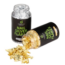 CHERIMOYA Kit de Deco Uñas con Hoja de Oro y Plata, Flakes Nail Art de Alta Calidad, 2 Frascos de Escamas Metálicas para Decoración de Uñas de Gel y A