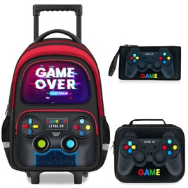 Fitvc Boys Rolling Backpack for Kids - 3PCS Gamer Boys Rolling Backpack with Lunch Bag Set, Multifunctional Wheeled Bookbag for Elementary Middle School, Lightweight Travel Roller Bag