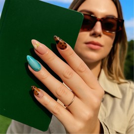 24 Pcs Medium Length Blue Almond Shape Press on Nails with Leopard Design, Tortoise Shell & Teal Autumn Aqua Artistic Mismatch 3D French, False Elegant Fake Nails for Women (Blue Artificial)