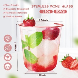 RMERVE RMERVE 50 Pcs Disposable Stemless Glasses 12oz Crystal Pink Plastic Cups Disposable Cold Party Drinking Cups Wine Glasses for Meeting Weddings Birthdays Cocktail Christmas Party Supplies (Pink,50 Pcs)