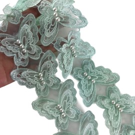 MMvolesy 15Pc Green Butterfly Pearl Organza Lace Trim Knitting Embroidered Handmade Patchwork Wedding Ribbon Sewing Supplies Craft 2"*2.5"Inch