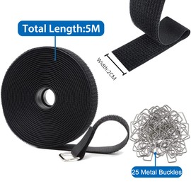 Rusoz Velcro Cable Ties, Black, 5 m Velcro Cable Ties, Resealable, Adjustable Cable Ties, Velcro Fastening, Width 20 mm with 25 Metal Buckles for Camping Equipment and Bicycle Packaging