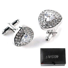 Luxury White Crystal White Rhinestones Heart Cufflinks for Women Shirt, Ltvystore Jewelry Trendy Geometric Cuff Links Buttons with Box