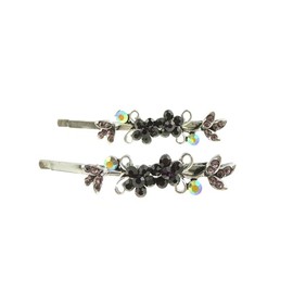 Womens Silver Tone Sparkly Bow Rhinestone Jeweled Crystal Diamante Party Birthday Christmas Bridal Wedding Slides Hairpin Hair Clips Grips Bobby Pins Set of 2 Flower Floral (Black Pink, One Size)