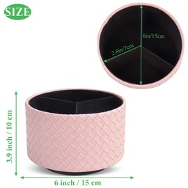 Czzmy Round Leather Art Supply Organizer,Remote Control Holder with Adjustable Divider,360 Degree Spinning,Multi-Functional Pencil Holder,4 Compartments Desktop Stationary Organizer(1-Pink)