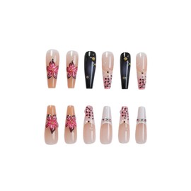 SINHOT Coffin Press on Nails Long - 3D Flower Fake Nails Glossy Glue on Nails Leopard Print Nails Purple Ombre Squoval Artificial Nails Stick on False Nails with Design DIY 24 pcs