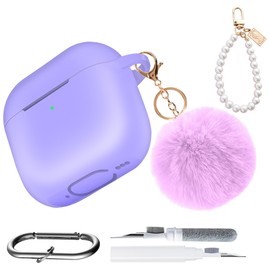 for AirPods 4th Generation Case Cover - 5 in 1 Kit Cute Ball, Pearl Pendant, Cleaner Pen, Keychain, Soft Silicone Protective Cover for AirPods 4 Case for Women Girl Gift (Purple)