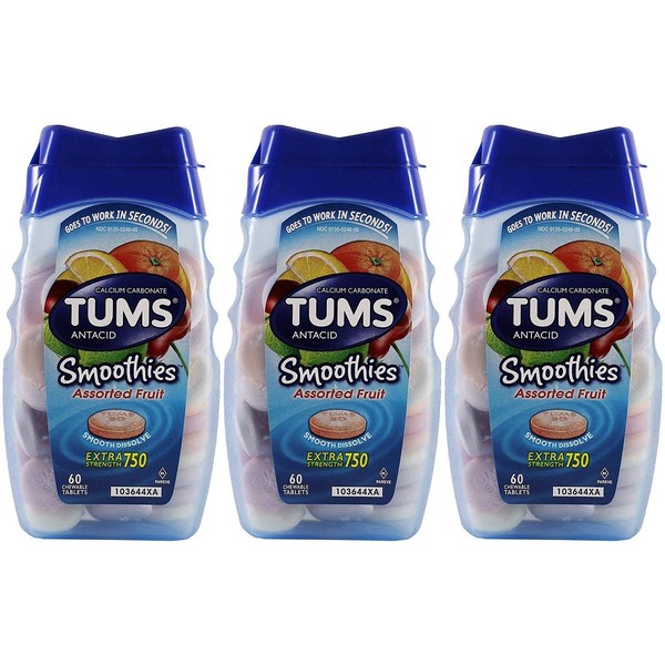 Tums Smoothies Extra Strength 750, Assorted Fruit, 60 Chewable Tablets (Pack of 3)