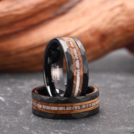 Concept Knight Tungsten Carbide Rings for Men Black Hammered 8mm Inlaid Deer Antler and Barrel Wood Mens Wedding Bands High Polish Matte Brushed (8mm black, 7)
