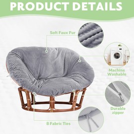 MABOZOO Shaggy Double Papasan Cushion Cover, Faux Fur Wicker Egg Chair Cushion Covers with Fluffy Plush, Waterproof Hammock Slipcover Only for Papasan Cushion, Gray, 70x49x7 Inch