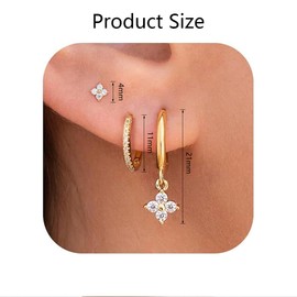 TTPSRY 3 Pairs of Earrings Set Women's 14K Gold with Cubic Zirconia Crystal Stud Earrings Hoop Pendant Stud Hypoallergenic Piercing Statement Earrings Jewellery Accessories Gifts for Women Girls,