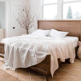 BISELINA Linen Sheet French Flax Flat Sheet Only 55% Euro Linen 45% Cotton Basic Style Solid Color Soft Breathable Farmhouse Top Sheet 1-Piece (Queen, White)