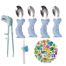 Enwinner Juego de cubiertos de dinosaurio para niños, tenedor y cuchara, cucharas de bebé autoalimentando al bebé