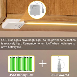 LumBelle COB LED Strip Lights Battery Powered, 6.6ft 640 LED Light Strip Dimmable Cuttable Flexible LED Tape Light for Bedroom, Dormitory, Tent, TV, Under Cabinet DIY Lighting Warm White 2700k